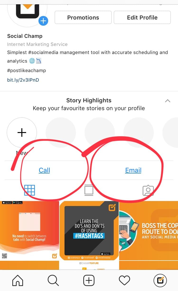 Instagram Email and Call Option
