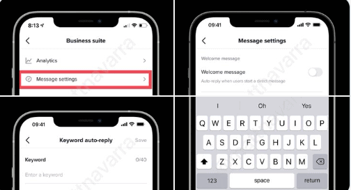 Four images displaying the steps for auto replying messaging